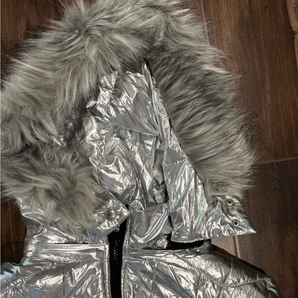 Silver Metallic Quilted Snowsuit with Fur Hood - Picture 6 of 9